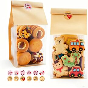 50 Pcs Cookie Bags with 2 Styles Cute Stickers, Sourdough Paper with Window, 50% Thicker 10.2x3.9x3.5in Bakery Bags for Storage Cookies, Snacks, Candies in Saudi Arabia
