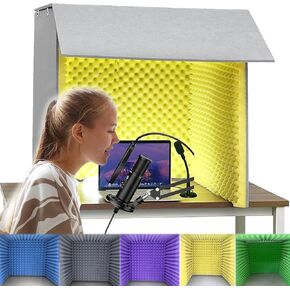 غطاء سطح المكتب عازل للصوت، حجرة تسجيل صوتي محمولة، صندوق حجرة عزل للاستوديو المنزلي، معدات تسجيل الميكروفون، مادة صديقة للبيئة، للغناء في العمل، أصفر- 80x80x80 سم in Kuwait