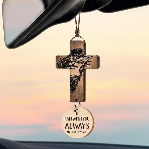 Cross for Car Mirror معلقة هدايا مسيحية للرجال ، والنساء - مسح الهاتف للحصول على إكسسوارات ديكور الظهر اليومية للكتاب المقدس ، هدية دينية زخرفة يسوع لسائق الشاحنة (أنا معك دائمًا) in Kuwait