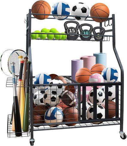 منظم جراج المعدات الرياضية، رف تخزين كرات المرآب مع سلة وخطافات وعربة دوارة لتخزين المعدات الرياضية والألعاب، حامل كرة عالي التحمل للاستخدام الداخلي والخارجي in Kuwait