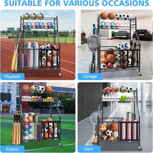 منظم جراج المعدات الرياضية، رف تخزين كرات المرآب مع سلة وخطافات وعربة دوارة لتخزين المعدات الرياضية والألعاب، حامل كرة عالي التحمل للاستخدام الداخلي والخارجي in Kuwait