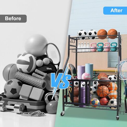 منظم جراج المعدات الرياضية، رف تخزين كرات المرآب مع سلة وخطافات وعربة دوارة لتخزين المعدات الرياضية والألعاب، حامل كرة عالي التحمل للاستخدام الداخلي والخارجي in Kuwait