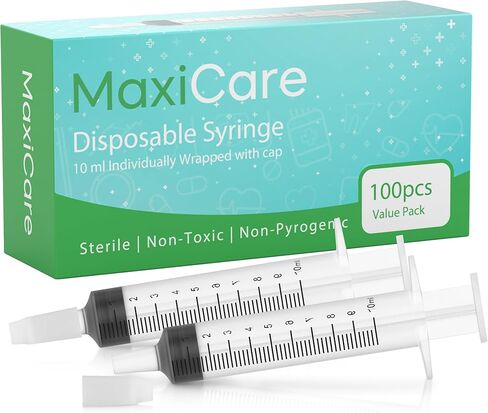 MaxiCare Oral Syringes with Cap 10ml – Disposable Liquid Dispenser Without Needle | Individually Wrapped Luer Slip Tip Dropper for Babies, Toddlers, Adults, and Pets (100 Pack) in Saudi Arabia