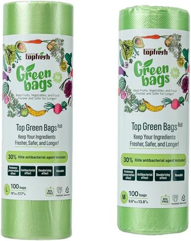 TopFresh Green Bag Roll 200 Pack(100L,100M) | BPA-Free, Reusable Produce Storage Bags with Natural Illite for Fruits, Vegetables, and More in Saudi Arabia
