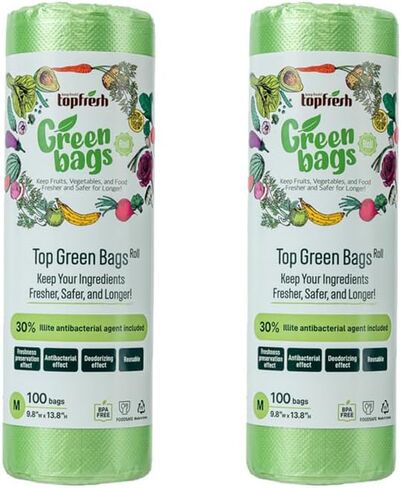 TopFresh Green Bag Roll 200 Pack(100L,100M) | BPA-Free, Reusable Produce Storage Bags with Natural Illite for Fruits, Vegetables, and More in Saudi Arabia