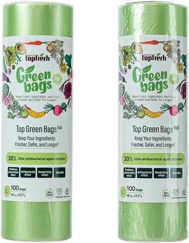TopFresh Green Bag Roll 200 Pack(100L,100M) | BPA-Free, Reusable Produce Storage Bags with Natural Illite for Fruits, Vegetables, and More in Saudi Arabia