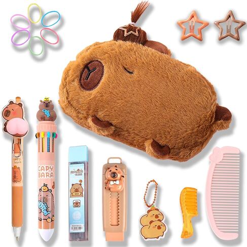 KEYDUACU Cute Capybara Pencil Case Set - Stationery Set with Hairstyle Decor Kit, Large Capacity School Supplies Bag, 10-Color Pen & Pencil Capibara Capybara Gift(Brown) in Kuwait
