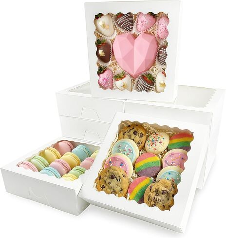12 Pack White Pie Box Bakery Boxes with Window, 8 x 8 x 2.5 Inches Auto-Popup Cookie Boxes Treat Boxes for Chocolate Strawberries, Pastries, Muffins, Donuts in Saudi Arabia