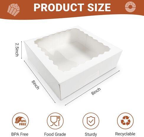 12 Pack White Pie Box Bakery Boxes with Window, 8 x 8 x 2.5 Inches Auto-Popup Cookie Boxes Treat Boxes for Chocolate Strawberries, Pastries, Muffins, Donuts in Saudi Arabia