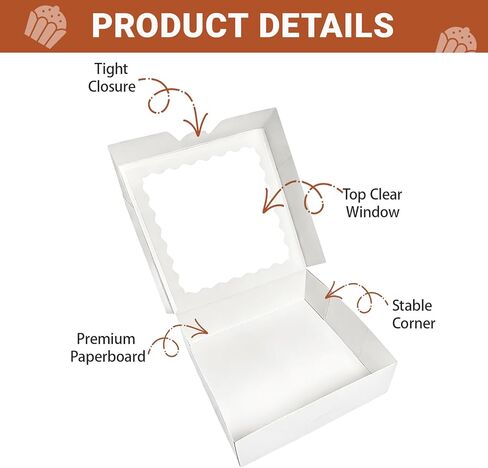 12 Pack White Pie Box Bakery Boxes with Window, 8 x 8 x 2.5 Inches Auto-Popup Cookie Boxes Treat Boxes for Chocolate Strawberries, Pastries, Muffins, Donuts in Saudi Arabia