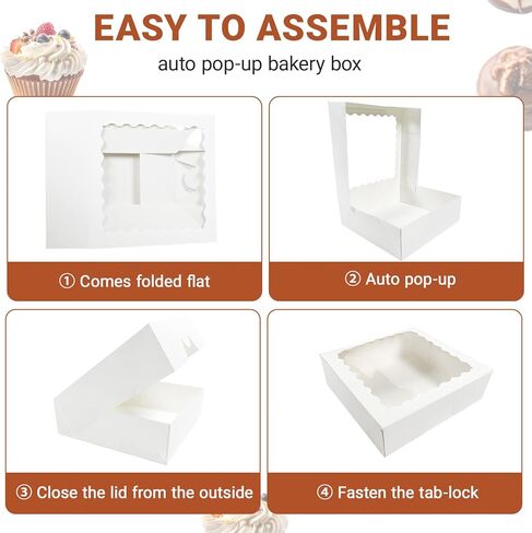 12 Pack White Pie Box Bakery Boxes with Window, 8 x 8 x 2.5 Inches Auto-Popup Cookie Boxes Treat Boxes for Chocolate Strawberries, Pastries, Muffins, Donuts in Saudi Arabia