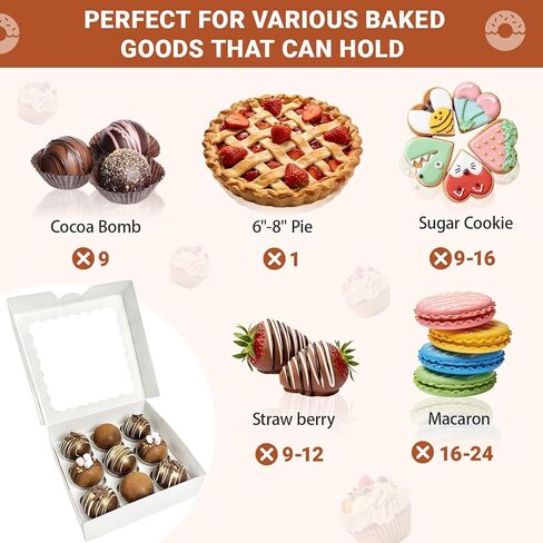 12 Pack White Pie Box Bakery Boxes with Window, 8 x 8 x 2.5 Inches Auto-Popup Cookie Boxes Treat Boxes for Chocolate Strawberries, Pastries, Muffins, Donuts in Saudi Arabia