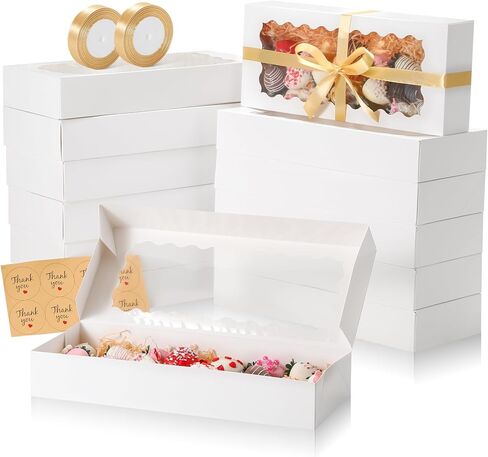 24 علبة مخبز مع نافذة، صندوق بسكويت منبثق تلقائيًا مقاس 16 × 6.5 × 2.5 بوصة مع شريط وعصي، صناديق مكافآت طويلة لملفات تعريف الارتباط للفراولة والشمبانيا وكيك بوبس والدونات in Kuwait