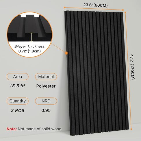 قطعتان من ألواح الجدران الصوتية السميكة مزدوجة الطبقة ذاتية اللصق، مقاس 47 بوصة × 23.6 بوصة × 0.72 بوصة، ألواح كبيرة عازلة للصوت عالية الكثافة للجدران، لوحة التقشير واللصق، ديكور داخلي للحائط، أسود in Kuwait