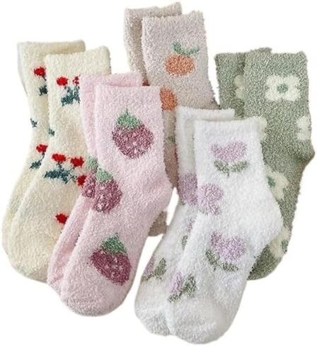 Kelabia 5 Pair Cute Floral Fuzzy Socks, Women Fluffy Slippers, Cottagecore Winter Thick Cozy Vintage Long Socks in Saudi Arabia