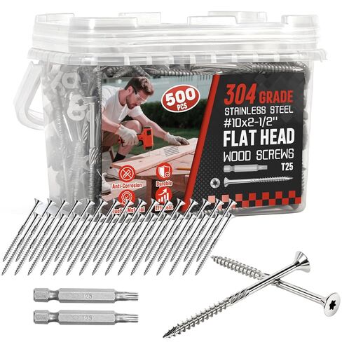 #10x2-1/2 بوصة 304 براغي سطح من الفولاذ المقاوم للصدأ 500 قطعة - مثبتات خشبية خارجية مقاومة للتآكل للأسوار والأسطح والمشروع الخشبي - لقمة محرك T25 Star in Kuwait