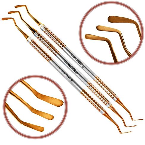 مجموعة ملاعق بلاستيكية مسطحة للأسنان مكونة من 3 أدوات حشو مركبة (2 مم، 2.5 مم، 3 مم) مع أطراف متعددة الألوان مطلية بالتيتانيوم الذهبي الوردي، متينة وغير لاصقة - أدوات قبضة دقيقة لترميم الأسنان in Kuwait