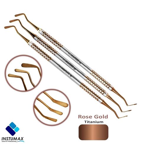 مجموعة ملاعق بلاستيكية مسطحة للأسنان مكونة من 3 أدوات حشو مركبة (2 مم، 2.5 مم، 3 مم) مع أطراف متعددة الألوان مطلية بالتيتانيوم الذهبي الوردي، متينة وغير لاصقة - أدوات قبضة دقيقة لترميم الأسنان in Kuwait