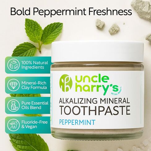 Uncle Harry's Peppermint Remineralizing Toothpaste | Natural Whitening Toothpaste Freshens Breath & Promotes Enamel | Vegan Fluoride Free Toothpaste in Kuwait
