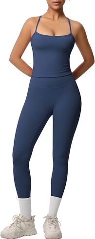 Women 2 Piece Workout Sets Padded Sports Bra Tank Matching High Waist Booty Lifting Leggings Sets Gym Outfits(Badge Blue,S) in Saudi Arabia