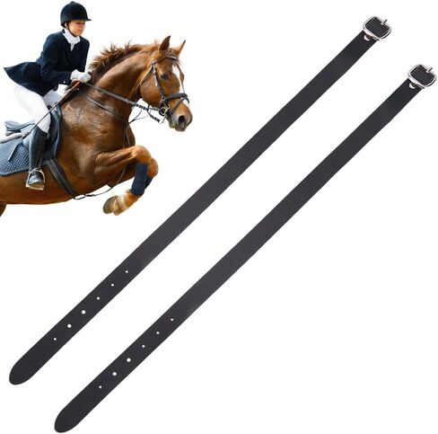 2PCS 16 Inch Black Genuine Leather Equestrian English Spur Straps Adjustable Stability Cowhide Leather Straight Stirrup Hobble Straps for Saddles Horse Riding Gear in Saudi Arabia