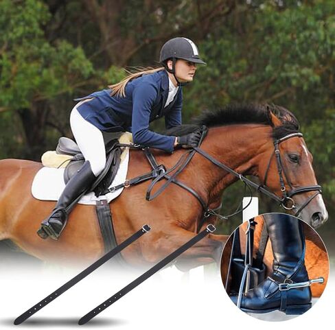 2PCS 16 Inch Black Genuine Leather Equestrian English Spur Straps Adjustable Stability Cowhide Leather Straight Stirrup Hobble Straps for Saddles Horse Riding Gear in Saudi Arabia