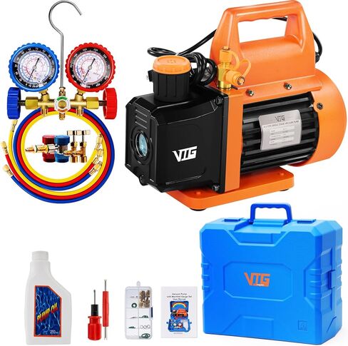 4.5 CFM AC Pump and Gauge Set ، لأنظمة الانقسام/HVAC/HVAC/AUTO ، مجموعة المقياس المتشعب المتوافقة مع R134A R12 R502 ، تشمل 3 خراطيم ، يمكن R134A النقر ، حالة تخزين ثلاثي ترقية ، in Kuwait