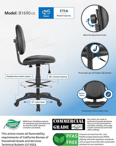 مقعد صياغة قابل للتعديل من Scranton & Co، ارتفاع المقعد 26.5 بوصة - 31.5 بوصة، قماش، لمسة نهائية سوداء، ظهر محيطي، وسادة كبيرة جدًا، تعديل الارتفاع الهوائي، كرسي مكتب مريح للاستخدام في مساحة العمل in Kuwait