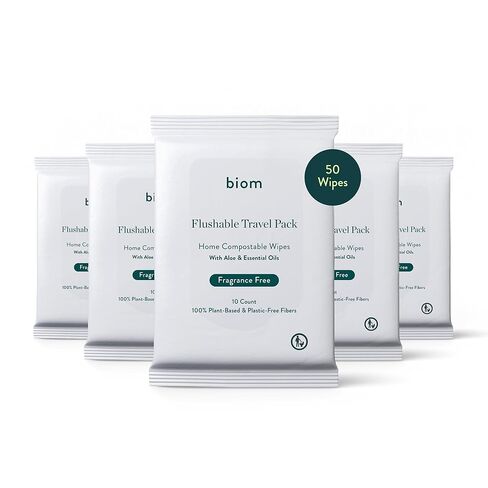 Biom Flushable Wipes -Travel Size 5 pack(50 Wipes) -Plastic-Free Plant Fiber, Fragrance-Free and Gentle for Sensitive Skin, Aloe Infused - Hypoallergenic, Unscented in Kuwait
