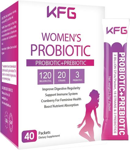 مسحوق بروبيوتيك للنساء من KFG، مع 100 مليار وحدة تشكيل مستعمرة، 20 سلالة، 3 بريبايوتك عضوي، التوت البري، الإنزيمات الهاضمة وD-مانوز، لتعزيز المناعة، الجهاز الهضمي، الأمعاء، صحة المهبل والبول، 40 عبوة in Kuwait