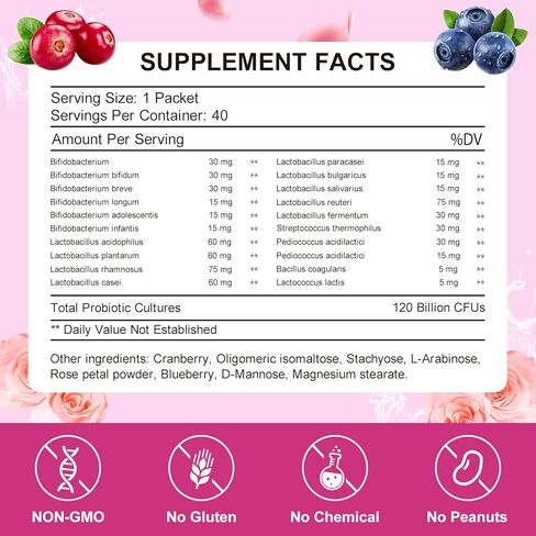 مسحوق بروبيوتيك للنساء من KFG، مع 100 مليار وحدة تشكيل مستعمرة، 20 سلالة، 3 بريبايوتك عضوي، التوت البري، الإنزيمات الهاضمة وD-مانوز، لتعزيز المناعة، الجهاز الهضمي، الأمعاء، صحة المهبل والبول، 40 عبوة in Kuwait