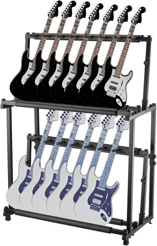 14-Guitar Stand - 2-Tier Adjustable Floor Rack with Soft Sponge Holders - Folding Metal Display for Acoustic, Electric, Bass, Ukulele - Detachable, Space-Saving Organizer for Home, Studio in Kuwait