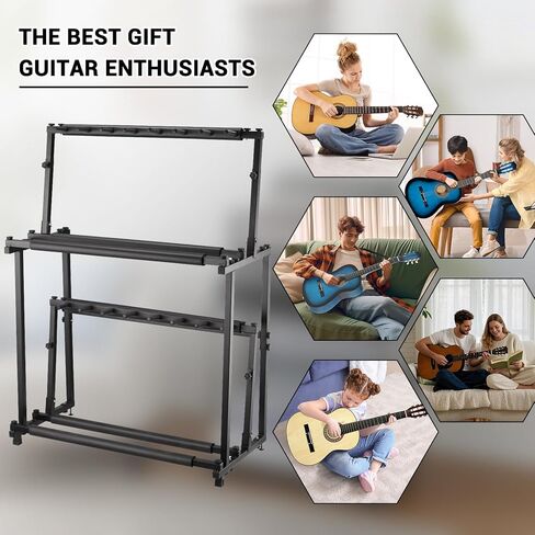 14-Guitar Stand - 2-Tier Adjustable Floor Rack with Soft Sponge Holders - Folding Metal Display for Acoustic, Electric, Bass, Ukulele - Detachable, Space-Saving Organizer for Home, Studio in Kuwait