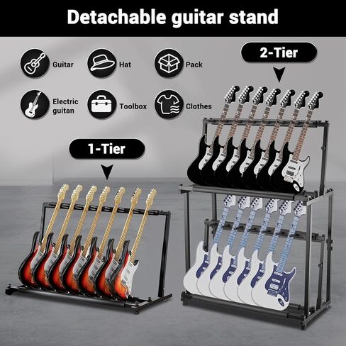 14-Guitar Stand - 2-Tier Adjustable Floor Rack with Soft Sponge Holders - Folding Metal Display for Acoustic, Electric, Bass, Ukulele - Detachable, Space-Saving Organizer for Home, Studio in Kuwait