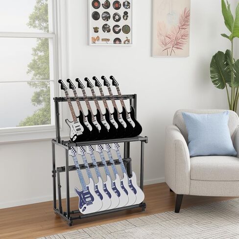 14-Guitar Stand - 2-Tier Adjustable Floor Rack with Soft Sponge Holders - Folding Metal Display for Acoustic, Electric, Bass, Ukulele - Detachable, Space-Saving Organizer for Home, Studio in Kuwait