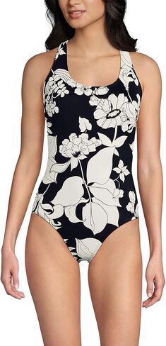 Lands' End Women's Long Tugless X-Back One Piece Swimsuit 12 Black/Egret Lilies in Saudi Arabia