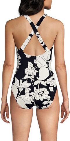 Lands' End Women's Long Tugless X-Back One Piece Swimsuit 12 Black/Egret Lilies in Saudi Arabia