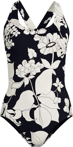Lands' End Women's Long Tugless X-Back One Piece Swimsuit 12 Black/Egret Lilies in Saudi Arabia