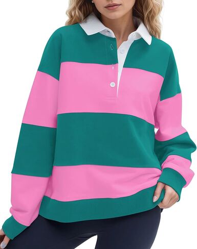 Womens Striped Color Block Polo Sweatshirt Rugby Shirt Oversized Long Sleeve Lapel Corllared Pullover Blouses in Kuwait