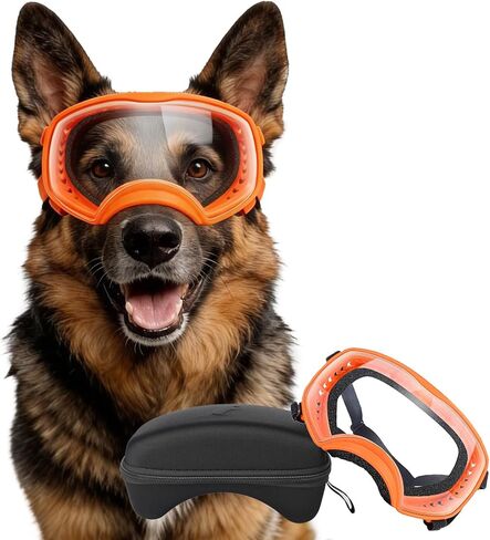 Dog Sunglasses UV Protection Clear Dog Goggles Windproof Glasses with Elastic Straps for Medium-Large Breed, Black Frame + Clear Lens in Kuwait