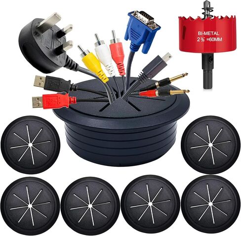 6PCS Desk Grommet,2-3/8""(60mm) Desk Hole Cover for Cables,Wire Hole Cover for Desk with Hole Saw,Office and Home Table,Desktop Equipment Wiring Management and Protection (Black) in Saudi Arabia