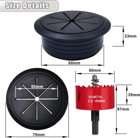 6PCS Desk Grommet,2-3/8""(60mm) Desk Hole Cover for Cables,Wire Hole Cover for Desk with Hole Saw,Office and Home Table,Desktop Equipment Wiring Management and Protection (Black) in Saudi Arabia