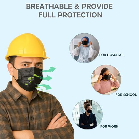 Medical Grade Black Disposable Face Masks-Protective 3 Ply Face Mask for Adults, Comfortable,Soft, Breathable Black (50) in Saudi Arabia