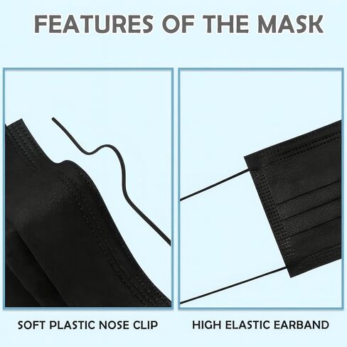Medical Grade Black Disposable Face Masks-Protective 3 Ply Face Mask for Adults, Comfortable,Soft, Breathable Black (50) in Saudi Arabia