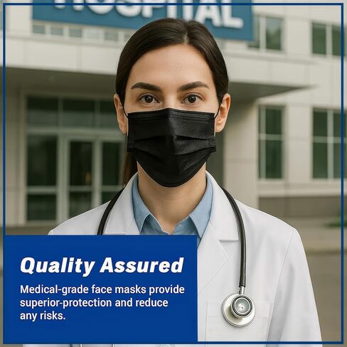 Medical Grade Black Disposable Face Masks-Protective 3 Ply Face Mask for Adults, Comfortable,Soft, Breathable Black (50) in Saudi Arabia