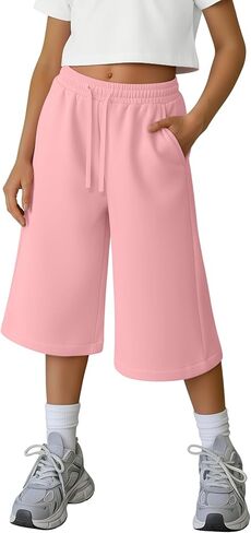Girls' Capri Wide Leg Pants Baggy Elastic Waist Drawstring Sweatpants Loose Casual Joggers with Pockets 5-14 Years in Saudi Arabia