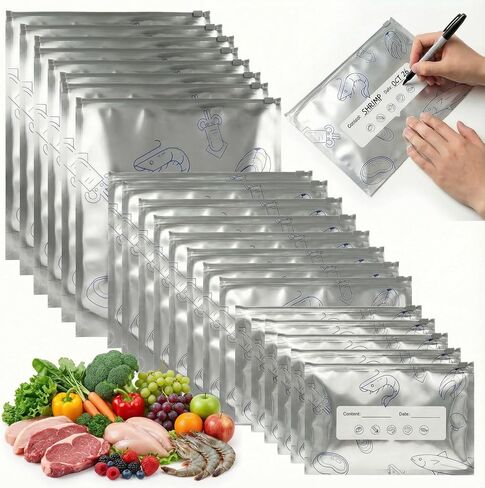 Reusable Aluminum Foil Food Storage Bags,Durable,Leak proof Reusable,Stand Up Foil Sealable Bags with Label and Zip Lock for Vegetable Fruit Meat(S/M/L,30Pcs) in Saudi Arabia