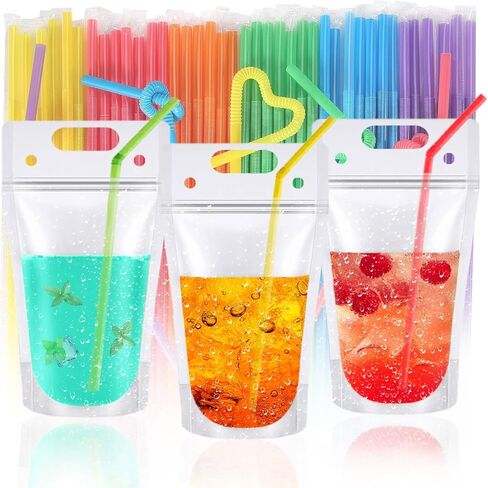 50 قطعة من أكياس المشروبات للبالغين، أكياس بسحاب قابلة لإعادة الاستخدام مع مصاصات قابلة لإعادة الاستخدام لمشروبات الكحول، حاوية عصير محمولة باليد قابلة للتجميد للعصائر الباردة والساخنة (16 أونصة، متجمد) in Kuwait