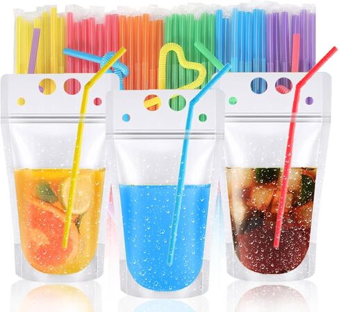 50PCS Drink Pouches For Adults,Reusable Zipper Bags With Reusable Straws For Alcohol Drink Freezable Hand-Held Juice Container For Cold & Hot Smoothie (16OZ, Frosted) in Saudi Arabia