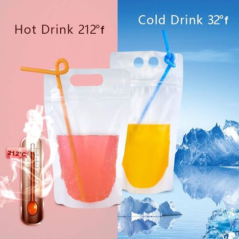 50PCS Drink Pouches For Adults,Reusable Zipper Bags With Reusable Straws For Alcohol Drink Freezable Hand-Held Juice Container For Cold & Hot Smoothie (16OZ, Frosted) in Saudi Arabia